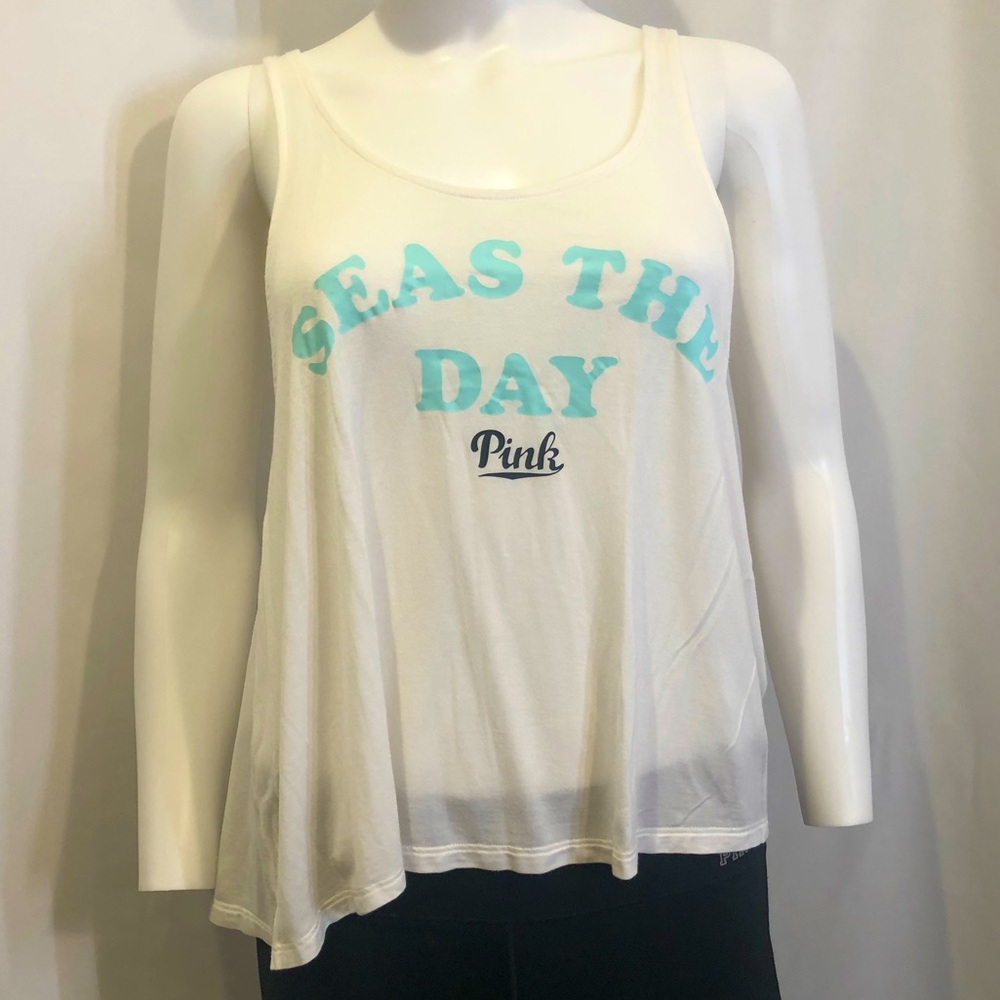White/Blue “Seas the Day” Graphic Racerback Hi-Lo Tank Top, Supersoft, Size M